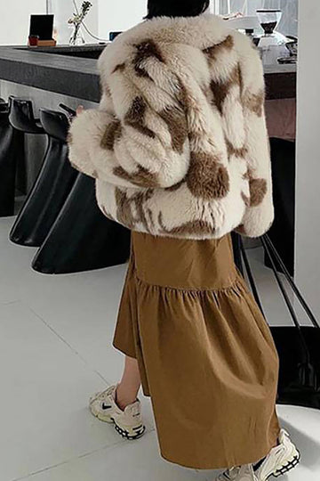 Khaki Shawl Lapel Midi Faux Fur Shearling Coat